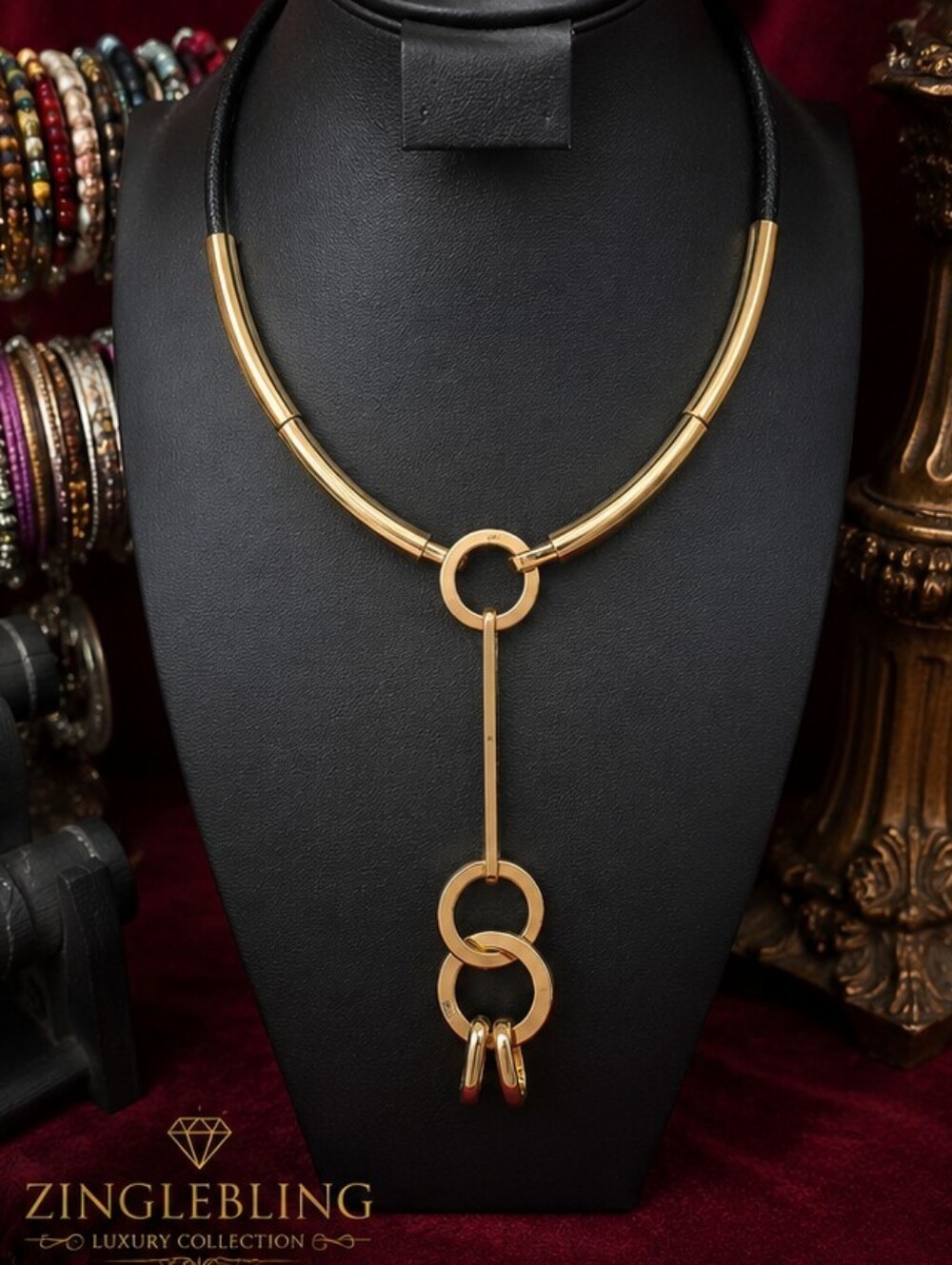 Gold Tone Geometric Statement Necklace Black Cord Articulated Pendant Y2K